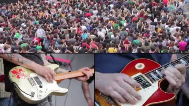 Multiscreen rockkonsert: publiken dansar och gitarr spelaren — Stockvideo