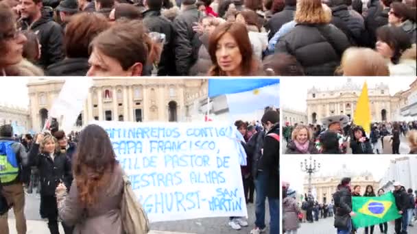 Peregrinos en la plaza de San Pedro durante el primer Ángelus del Papa Francisco — Vídeos de Stock