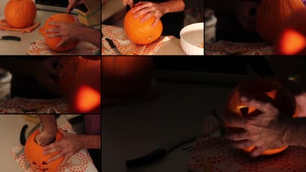 Hombre haciendo linterna de calabaza — Vídeo de stock