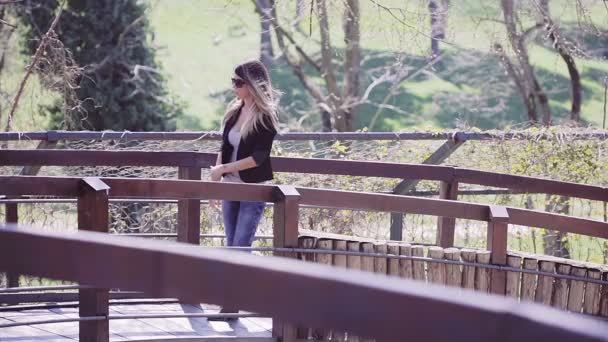 एक लाकडी पूल वर उभे स्त्री — स्टॉक व्हिडिओ