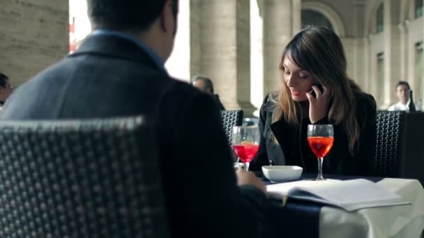 Brindando en un almuerzo de negocios y sonriendo — Vídeos de Stock