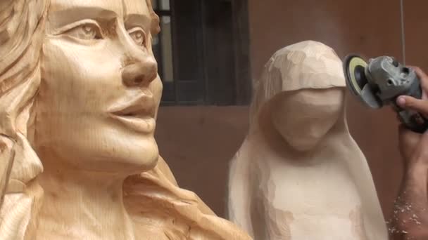 Escultor trabalhando em uma estátua de madeira — Vídeo de Stock