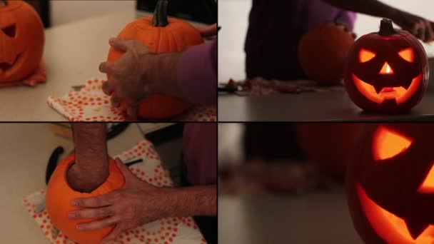 Hombre haciendo linterna de calabaza — Vídeos de Stock