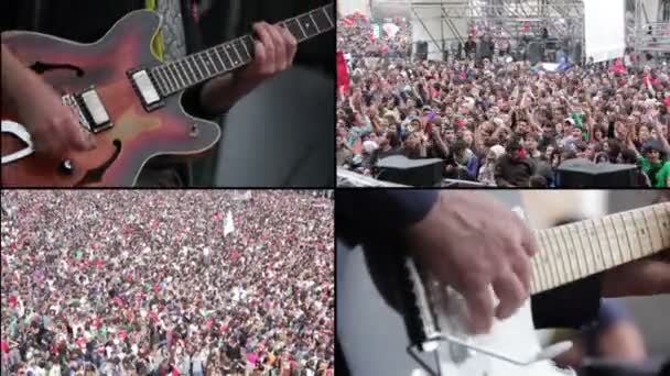 Кілька екранів рок-концерт: натовп танці і гітара гравця — стокове відео