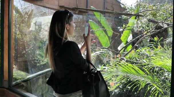 Elegante vrouw neemt een foto met haar smarthone in een groen huis — Stockvideo