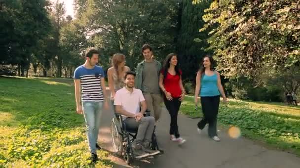 Gehandicapte jonge man met een groep vrienden zitten in park — Stockvideo