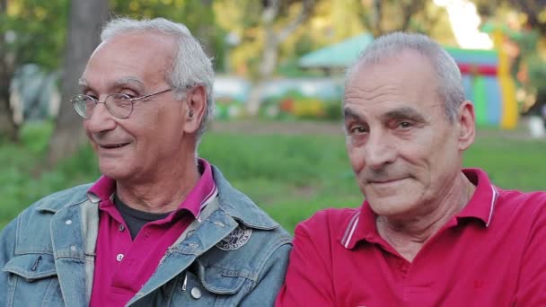 Старшие счастливые друзья сидят на скамейке — стоковое видео