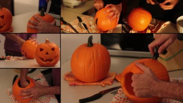 Hombre haciendo linterna de calabaza — Vídeo de stock