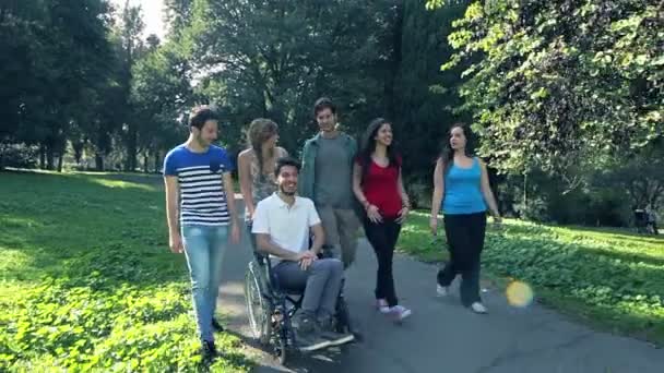 Behinderter junger Mann sitzt mit einer Gruppe Freunde im Park — Stockvideo