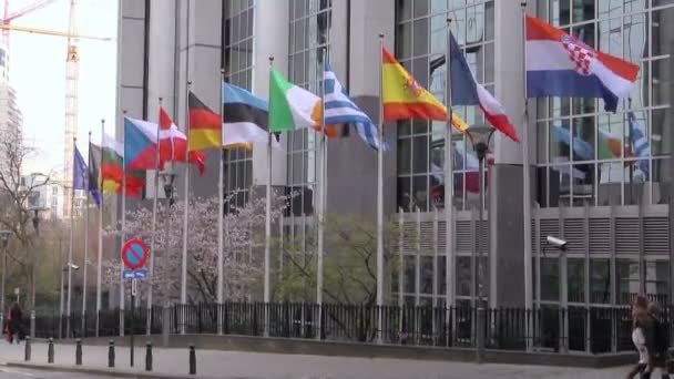 Europäische Flaggen vor dem Europäischen Parlament, Brüssel, Belgien — Stockvideo