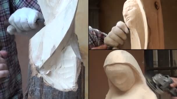 Sculpteur travaillant sur une statue en bois — Video