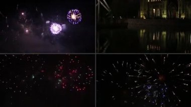 Gece gökyüzünde renkli havai fişekler