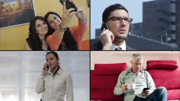 Schattig volwassen mensen met behulp van smatphone Bel, fotograferen en messaging — Stockvideo