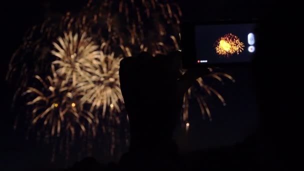 Gece gökyüzünde renkli havai fişekler — Stok video