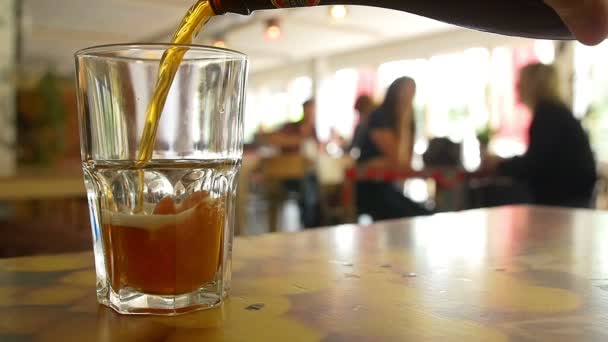 Una botella de cerveza se vierte en una taza en un bar — Vídeos de Stock