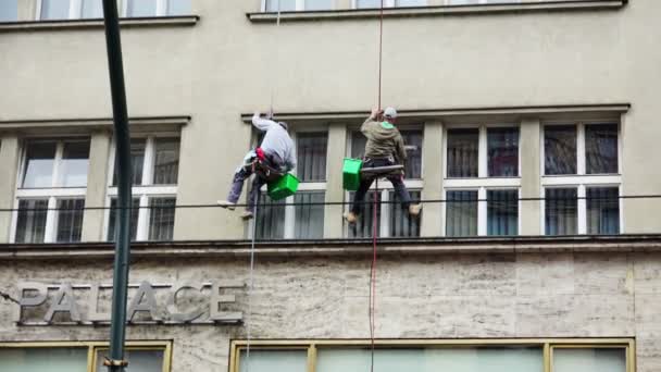 Geschoolde werknemers werken met het schoonmaken van het venster van een gebouw opknoping in de lucht — Stockvideo