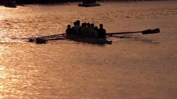 Βάρκα με κουπιά στο ηλιοβασίλεμα — Αρχείο Βίντεο