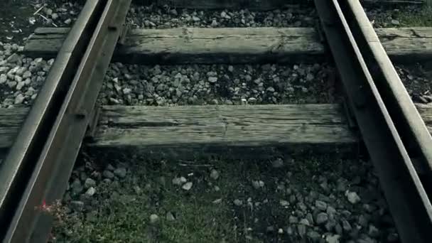 Homem caminhando no meio das trilhas ferroviárias: ponto de vista — Vídeo de Stock