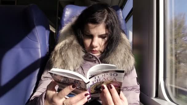 Mulher triste lendo um guia turístico livro no trem — Vídeo de Stock