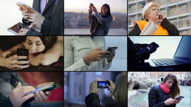 Многоэкранная композиция людей, использующих смартфоны — стоковое видео