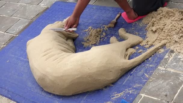 Уличный художник позирует собаке с песком — стоковое видео