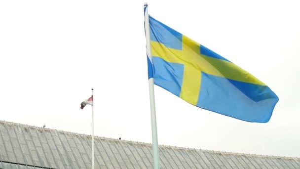 Bandera de Suecia en el cielo blanco oscuro — Vídeos de Stock