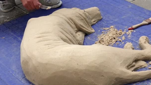 Καλλιτέχνης δρόμου εργάζεται πάνω σε ένα γλυπτών άμμου — Αρχείο Βίντεο