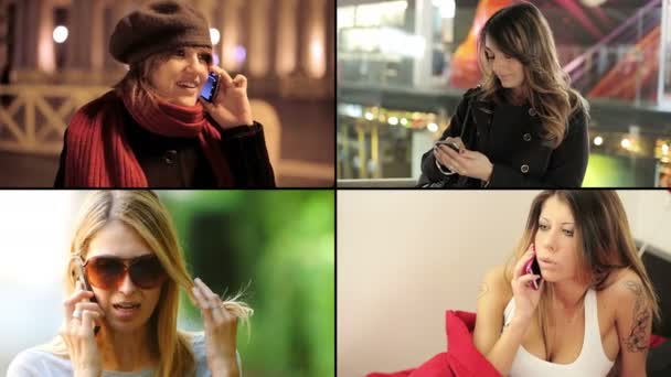 使用移动电话的妇女︰ 多屏幕画面 — 图库视频影像