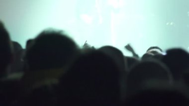 kalabalık konser: sahne, şarkıcı, müzisyen, gitarist, insanlar, siluet