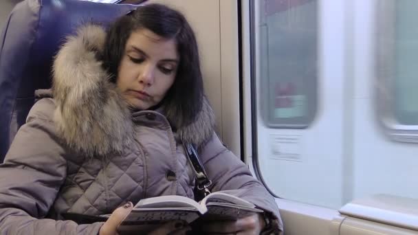 Junge Frau liest während der Fahrt im Zug — Stockvideo