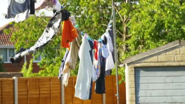 Ubrania, suszenie na wolnym powietrzu w ogrodzie — Wideo stockowe