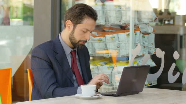 Бізнесмен, що працює з ноутбуком — стокове відео
