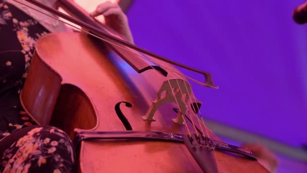 Vrouw die de boog gebruikt en cello speelt — Stockvideo