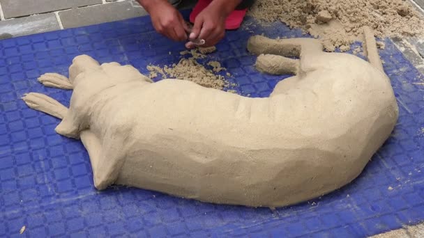 Sandskulptur eines Hundes: Straßenkünstler — Stockvideo