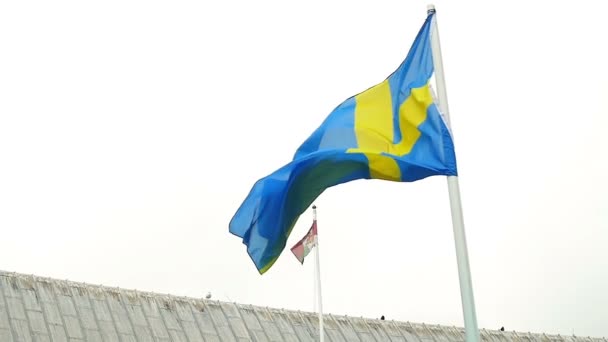 Bandera de Suecia en el cielo blanco oscuro — Vídeos de Stock