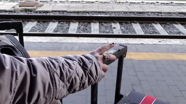女人提着行李等火车 — 图库视频影像