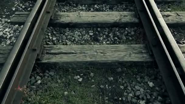 Man Walking In The Middle Of The Rail Tracks: punto di vista — Video Stock