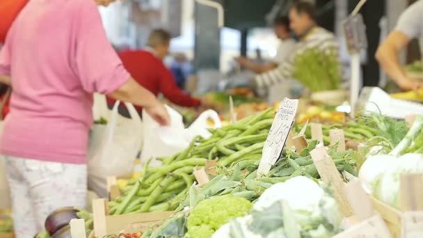 Mensen doen winkelen op de lokale markt — Stockvideo