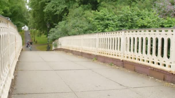En kvinna som rider en cykel på te bro — Stockvideo