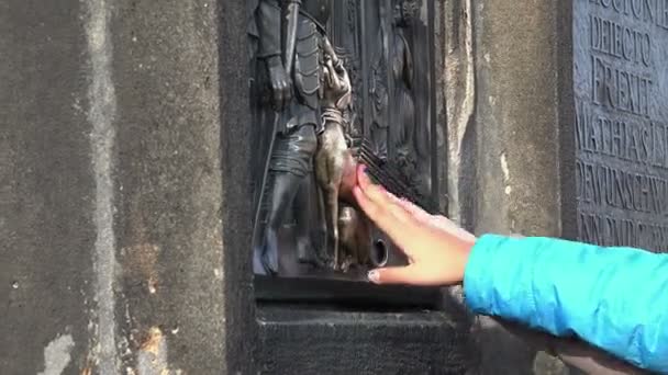 Люди касаются статуи святого Иоанна Непомукского в Праге — стоковое видео
