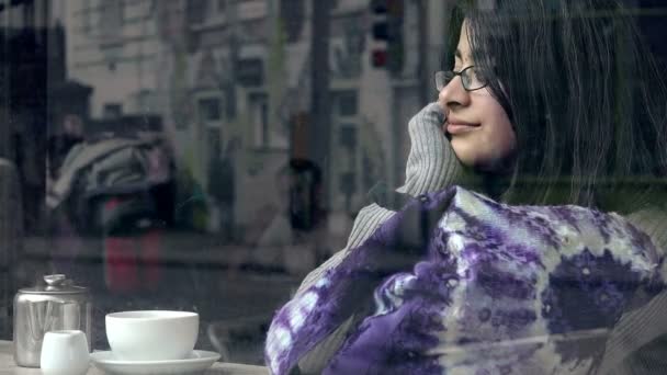 Dos amigas charlando sentadas en un café cerca de la ventana — Vídeos de Stock