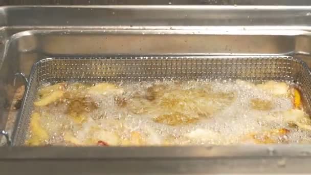 Жареный картофель в ресторане быстрого питания — стоковое видео
