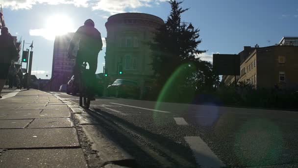 Cyklista na ulici: silueta záběry — Stock video