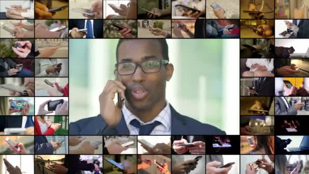 Мультиэкран черного бизнесмена, разговаривающего со смартфоном — стоковое видео