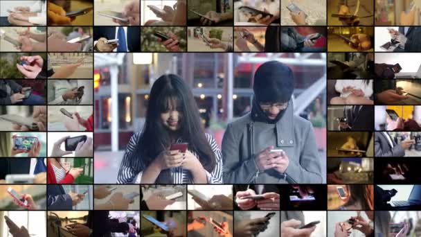 Composição de mãos masculinas e femininas mensagens de texto com smartphone — Vídeo de Stock