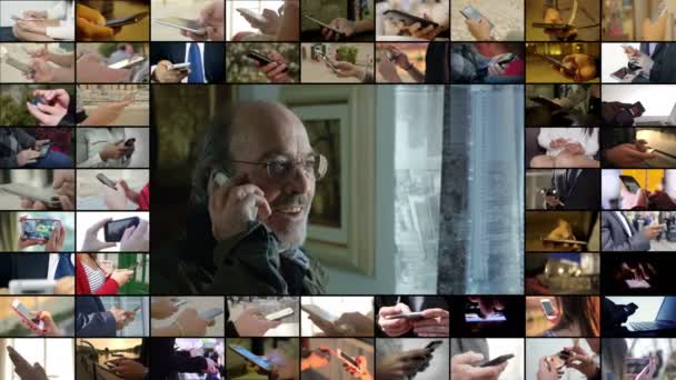 Multiscreen mit einem alten Mann, der telefoniert — Stockvideo