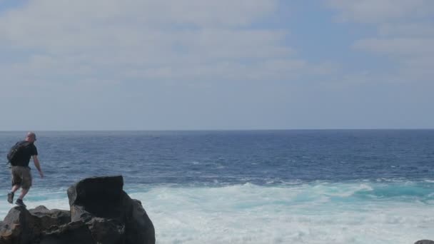 Hombre feliz en la roca, frente al mar se regocija — Vídeos de Stock