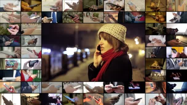 Мультиэкран с молодой женщиной, говорящей по телефону — стоковое видео