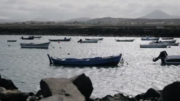 Lugn vik med fiskebåtar förtöjda i havet flöda — Stockvideo