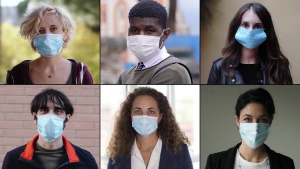 Coronavirus Ernsthafte Menschen Mit Maske Starren Die Kamera — Stockvideo